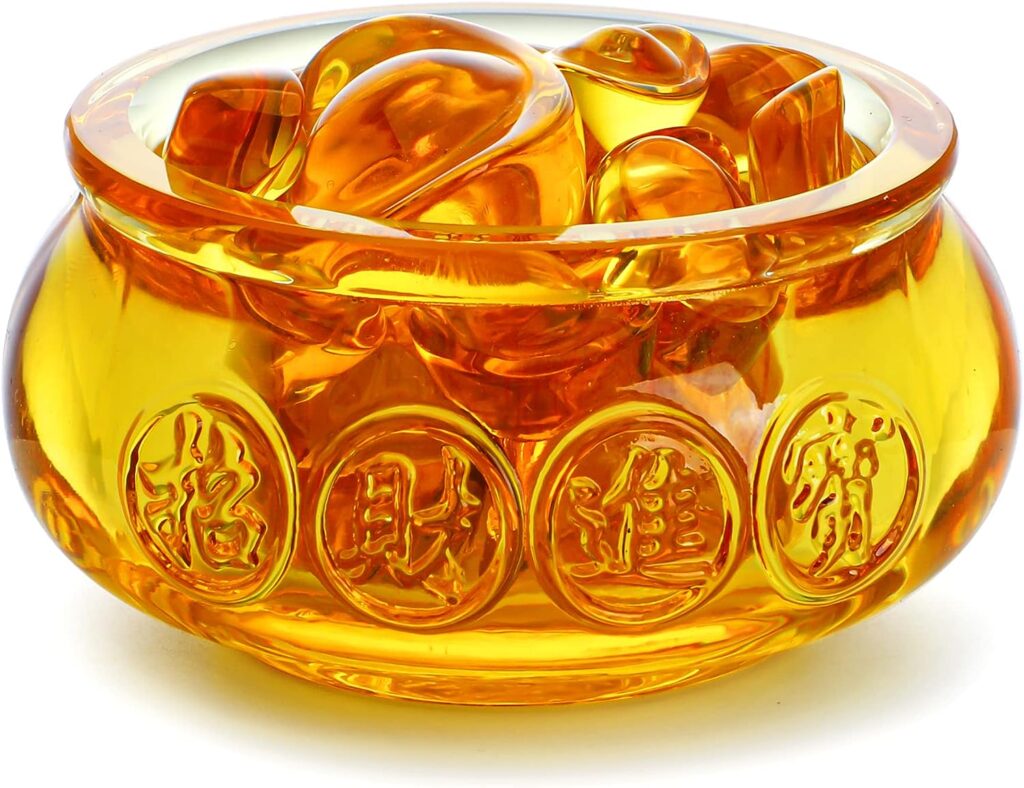 3 Handmade Crystal Glass Golden Treasure Basin with 41pcs Ingot/Yuan Bao Good Luck Wealth Prosperity Figurine Collectibles Feng Shui Decor for Home Office