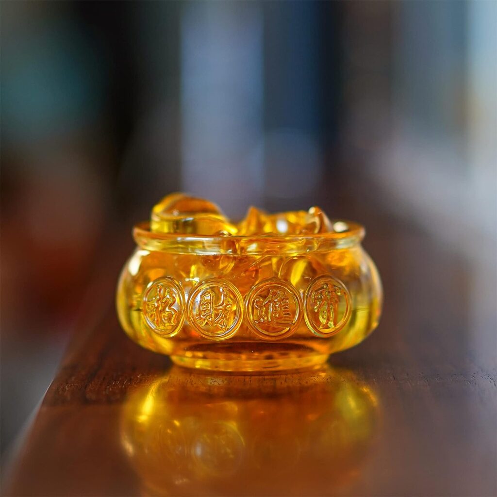 3 Handmade Crystal Glass Golden Treasure Basin with 41pcs Ingot/Yuan Bao Good Luck Wealth Prosperity Figurine Collectibles Feng Shui Decor for Home Office