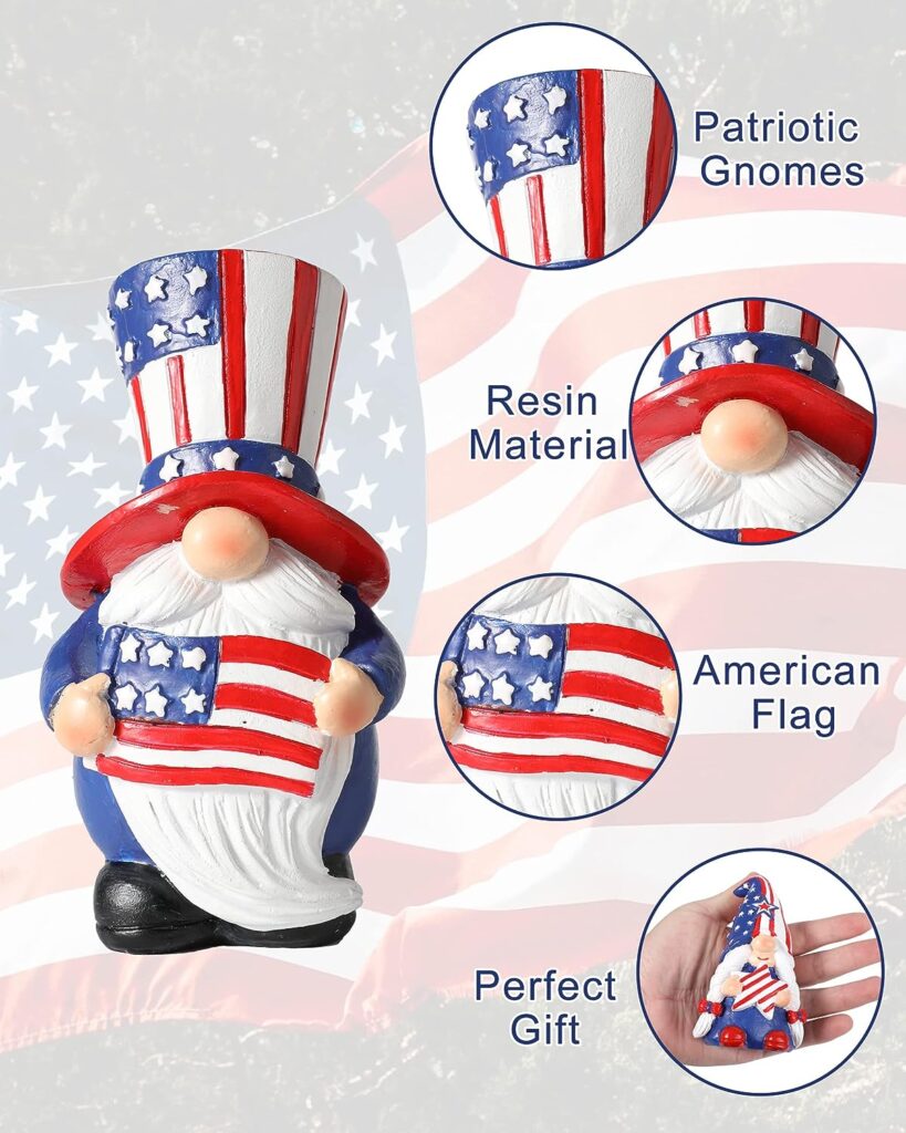 iStatue Patriotic Gnomes for 4th of July - 2 Resin Swedish Gnomes with USA Flag and Star Decorations - Independence Day Collectible Figurines for Home (Patriotic)