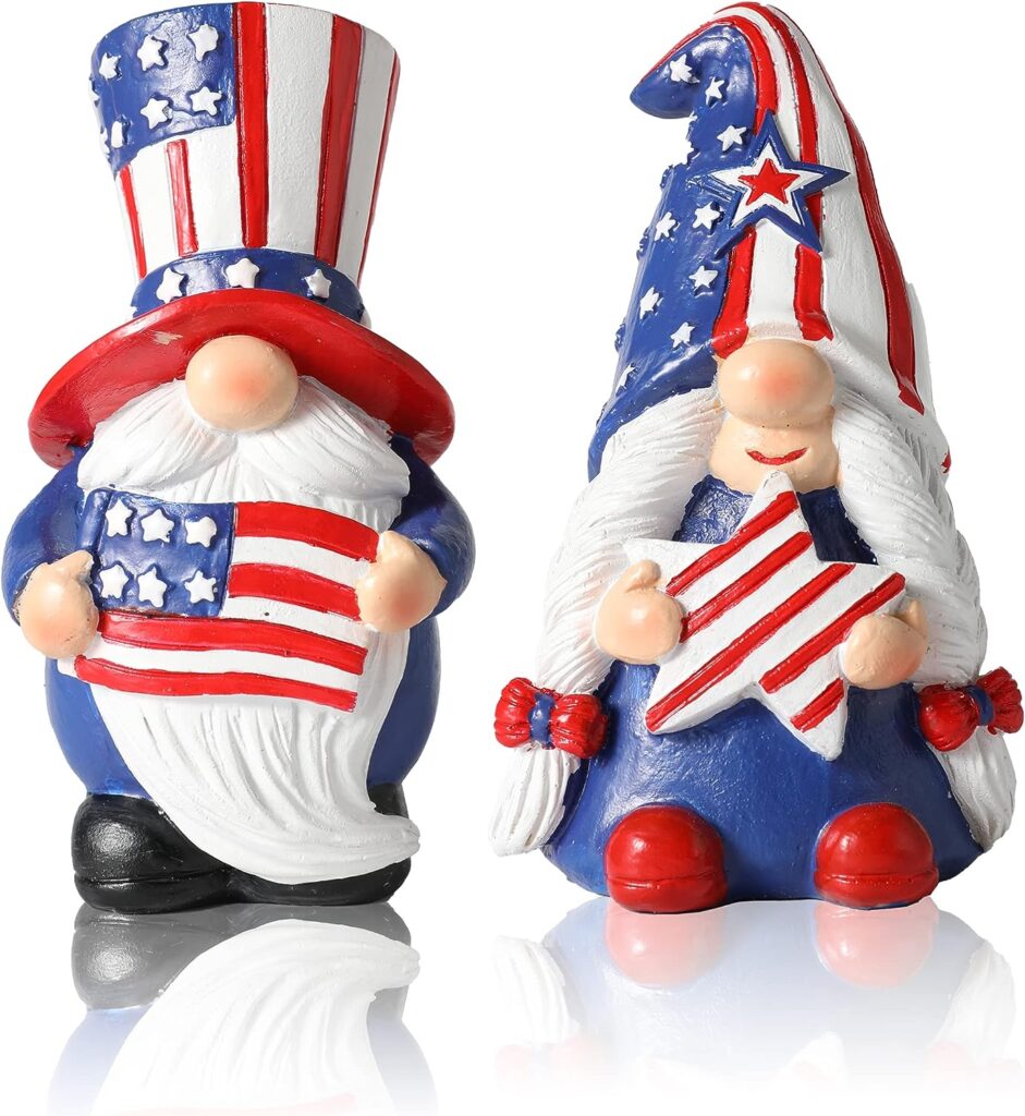 iStatue Patriotic Gnomes for 4th of July - 2 Resin Swedish Gnomes with USA Flag and Star Decorations - Independence Day Collectible Figurines for Home (Patriotic)