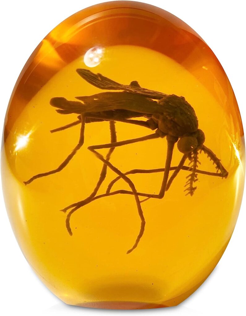 VEOJEIN Jurassic 3D Mosquito in Amber Resin | True 3D Original Design Realistic Flat Bottom Shaped | Dinosaur DNA Replica Prehistoric World | Collectable Prop | Cane Mount | Paper Weight