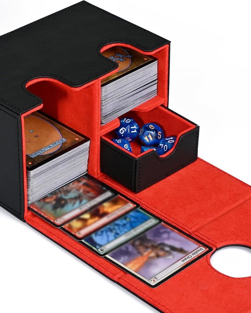 ZLCA Card Deck Box with Dice Tray for MTG Cards, 200+ Card Storage Box Fits for TCG CCG, PU Leather Strong Magnet Collectible Card Case (BlackRed)