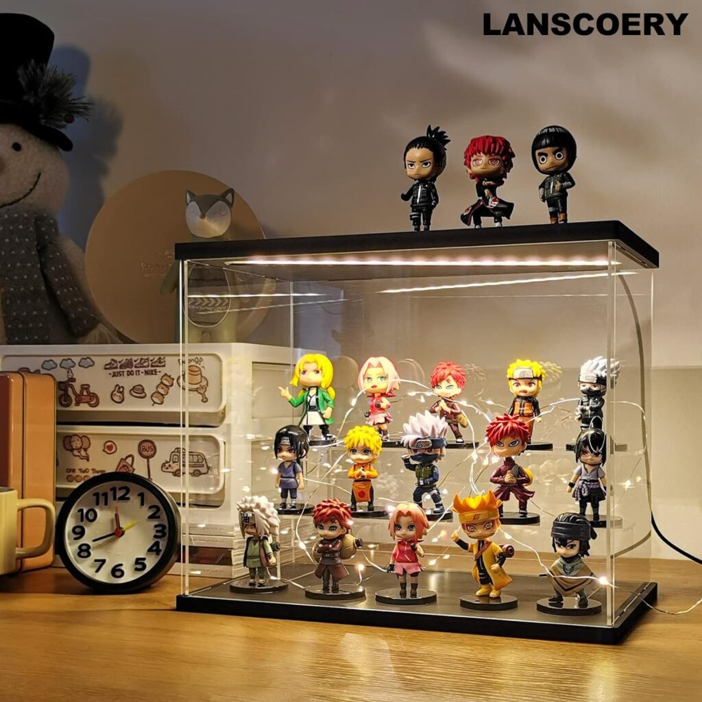 LANSCOERY Clear Acrylic Display Case with Light, Assemble 3 Tier Display Box Stand with Wooden Base, Dustproof Showcase for Collectibles Memorabilia Figurines (15.2x6.5x7.5inch; 38.5x16.5x19cm)