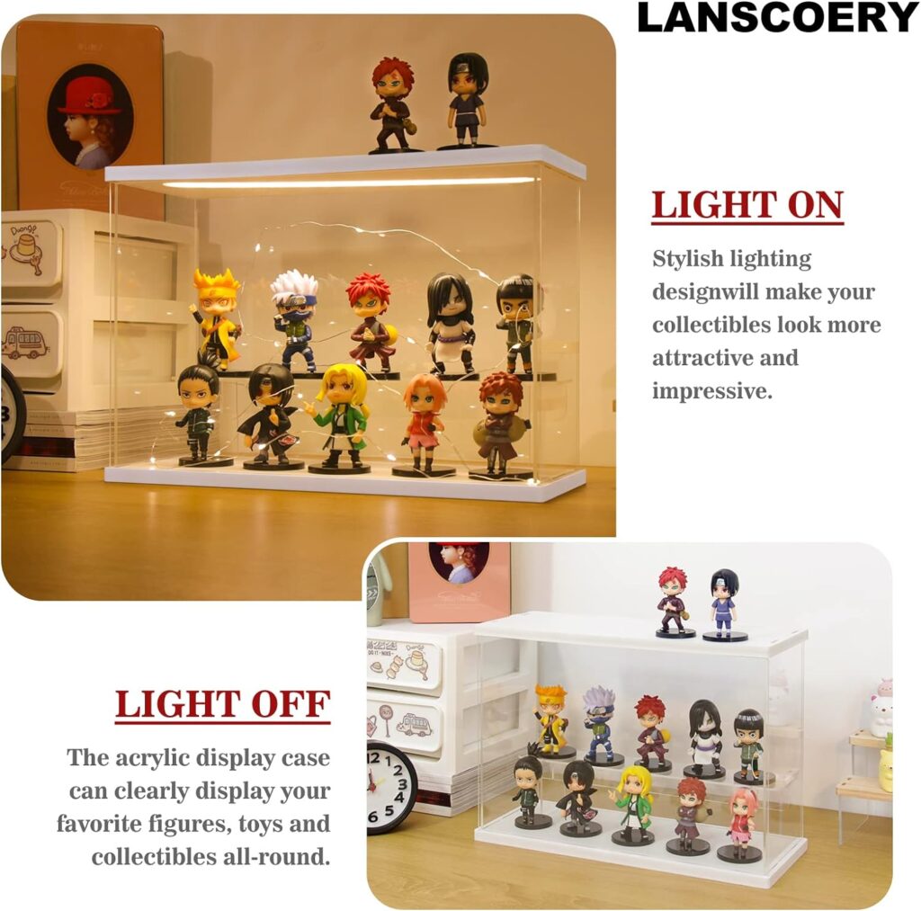 LANSCOERY Clear Acrylic Display Case with Light, Assemble 3 Tier Display Box Stand with Wooden Base, Dustproof Showcase for Collectibles Memorabilia Figurines (15.2x6.5x7.5inch; 38.5x16.5x19cm)