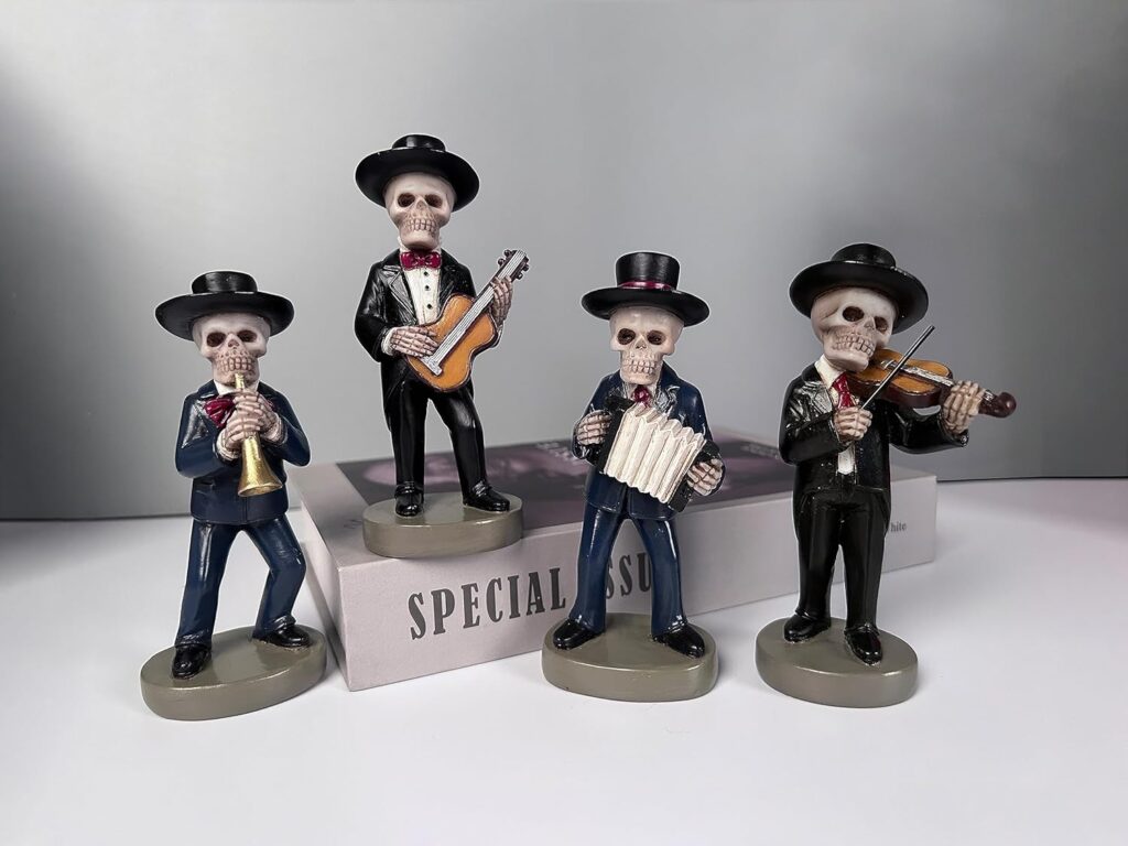 JORAE Skeletons Statue Mariachi Band Skull Halloween Figurines Home Decorative Set of 4 Day of The Dead Collectible Folk Musician Players, 5.5 inches