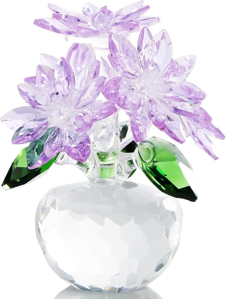 YWHL Purple Crystal Flower Figurines Decor, Beautiful Glass Flower Statue with Crystal Stand, Art Collectible Figurine Gifts for Wife Girlfriend