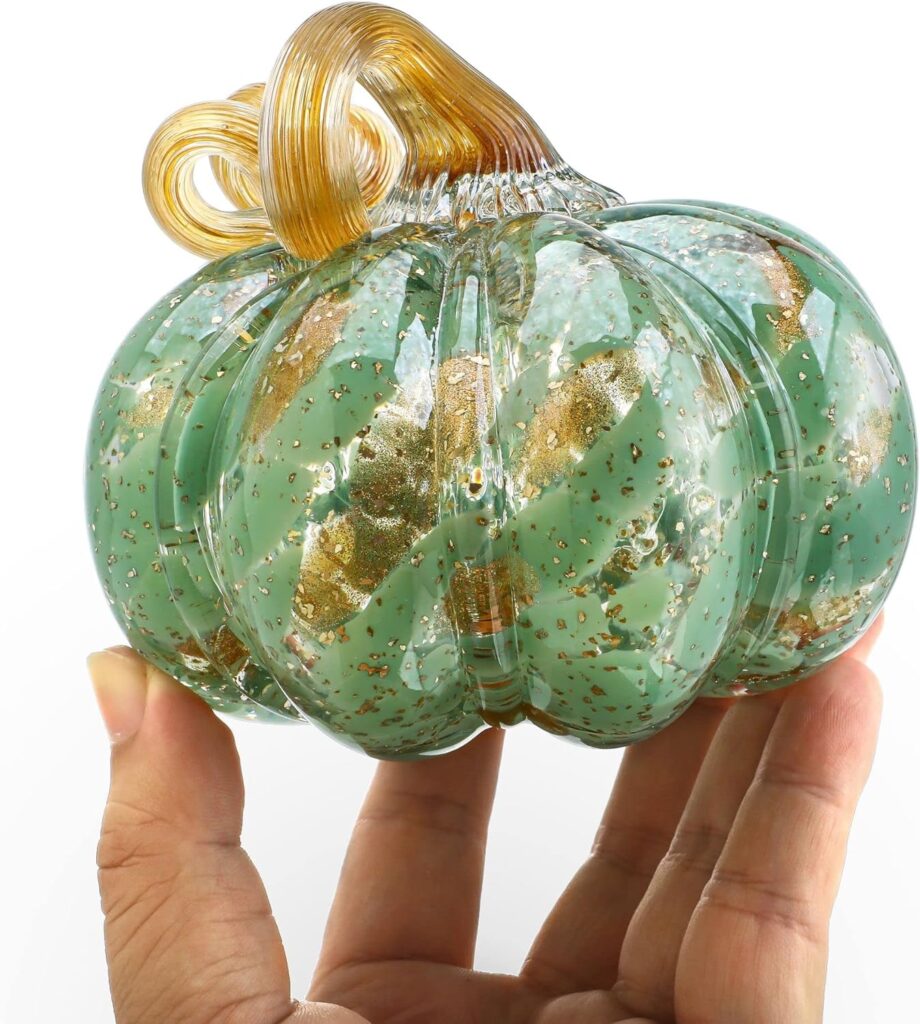 QFkris 7 Blown Glass Witch Hat Pumpkin Figurines Collectibles,Art Glass Pumpkin Paperweight Ornament Table Accent for Halloween Decor Gift,Blue