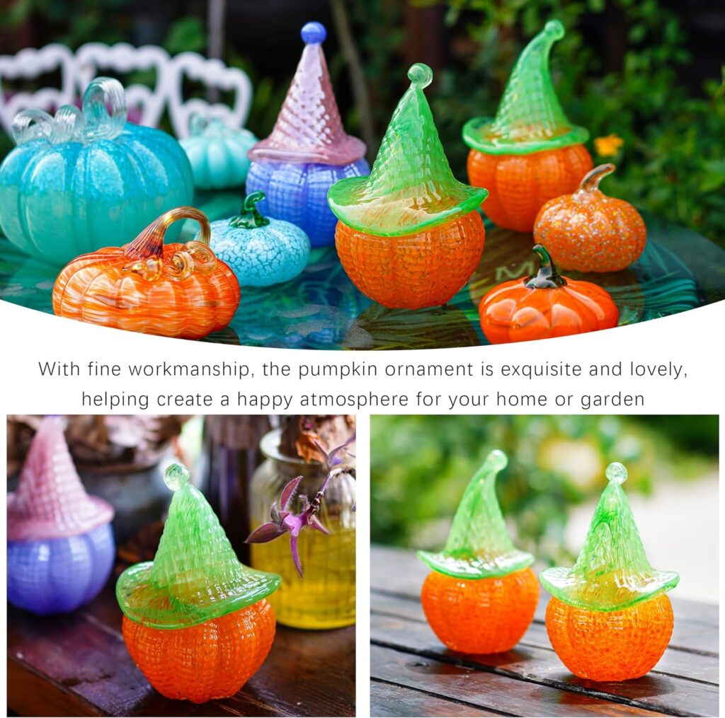 QFkris 7 Blown Glass Witch Hat Pumpkin Figurines Collectibles,Art Glass Pumpkin Paperweight Ornament Table Accent for Halloween Decor Gift,Blue