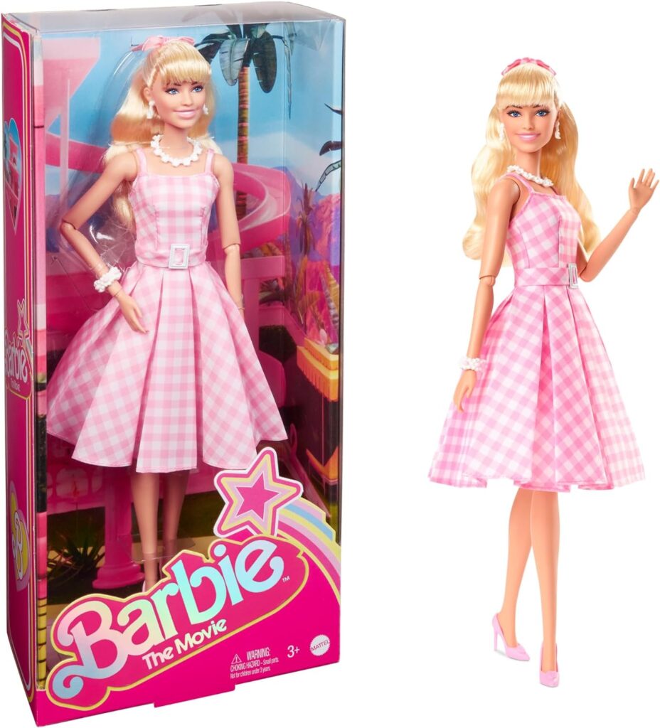 Barbie The Movie Doll, Margot Robbie as, Collectible Doll Wearing Pink  White Gingham Dress with Daisy Chain Necklace